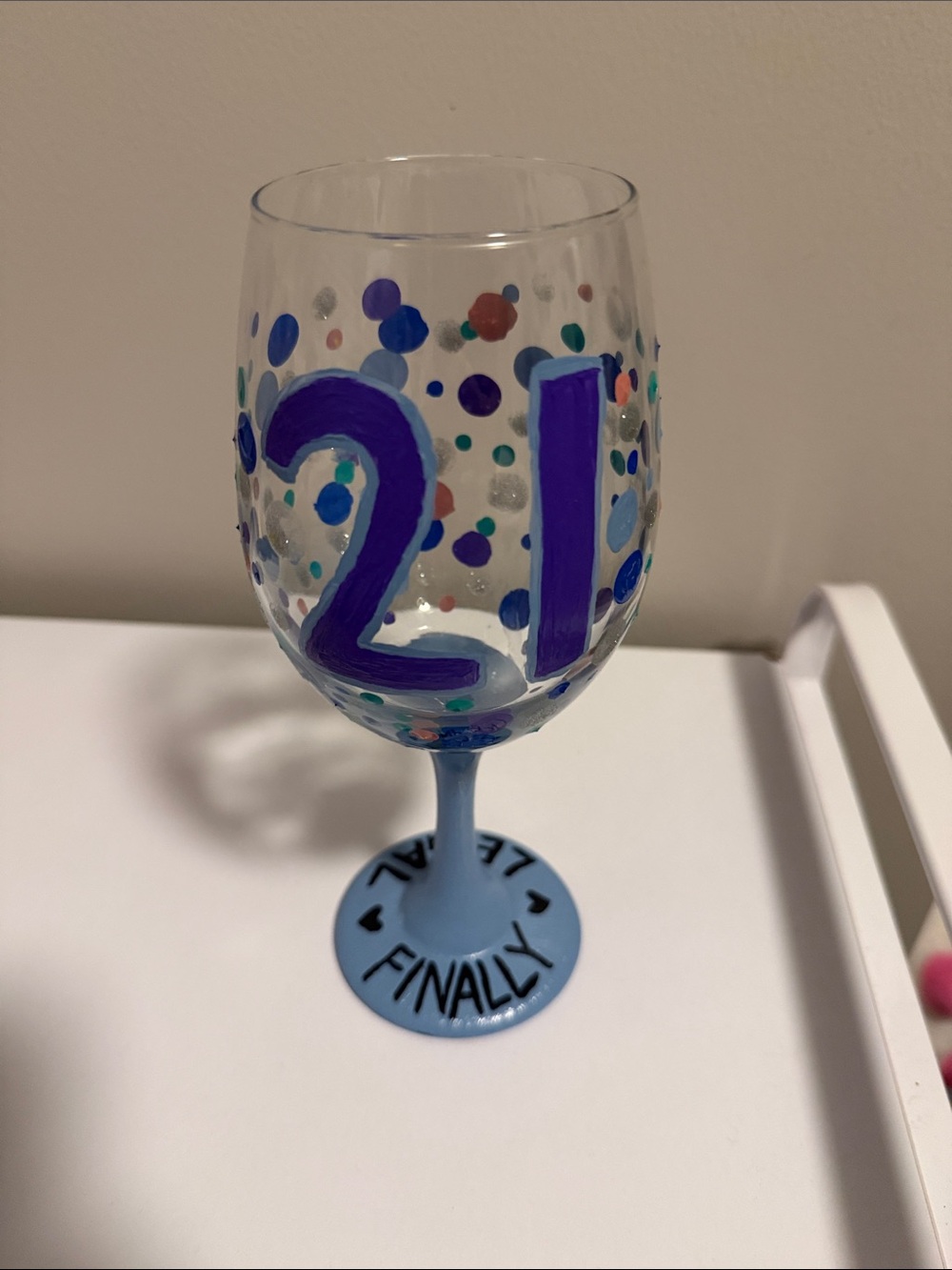 Hand-Painted 21st Birthday Wine Glass - Blue and Purple